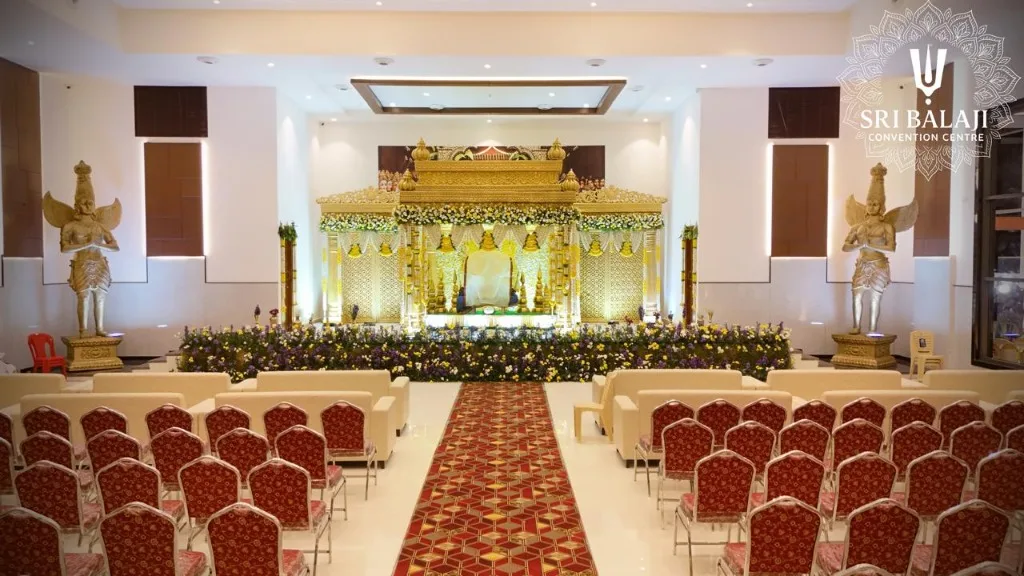 Golden Mandapam Stage with Garuda Statues at Sri Balaji Convention Centre